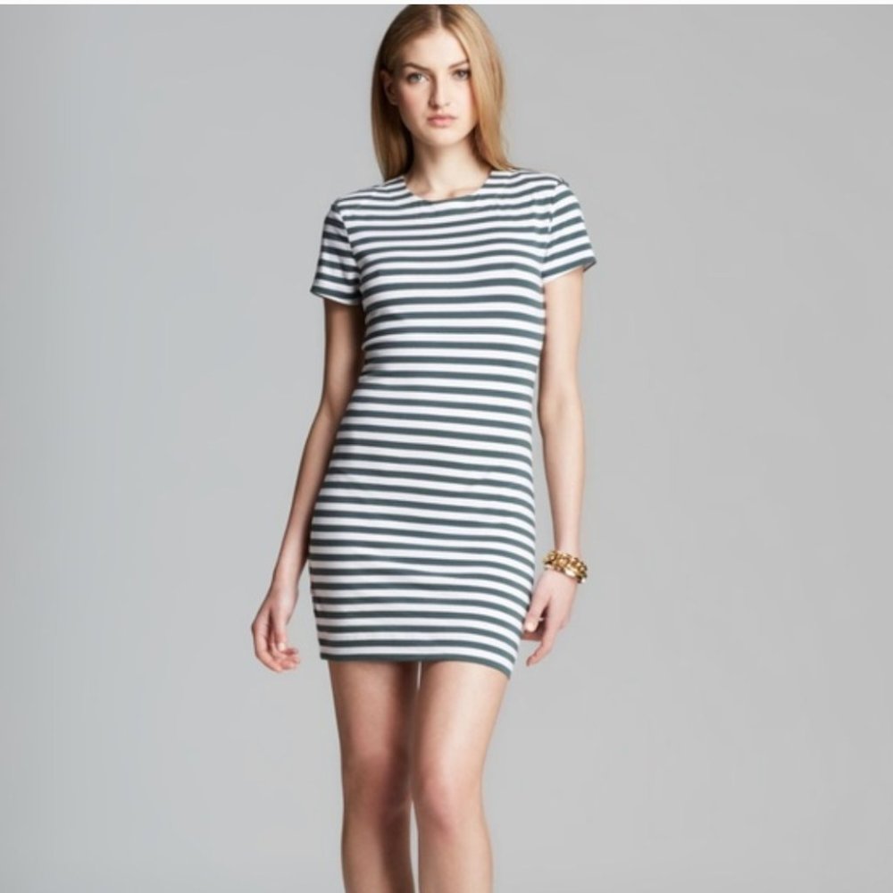 Dark Green and White Striped Body con Dress